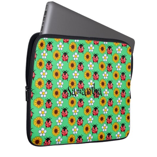 Rot-Schwarz-Ladybug mit Blume Laptopschutzhülle (Vorne Rechts)