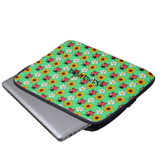 Rot-Schwarz-Ladybug mit Blume Laptopschutzhülle (Vorne Knopf)
