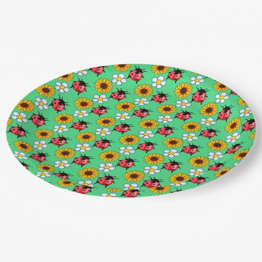 Rot-Schwarz-Ladybug mit Blume Pappteller (Schrägansicht)