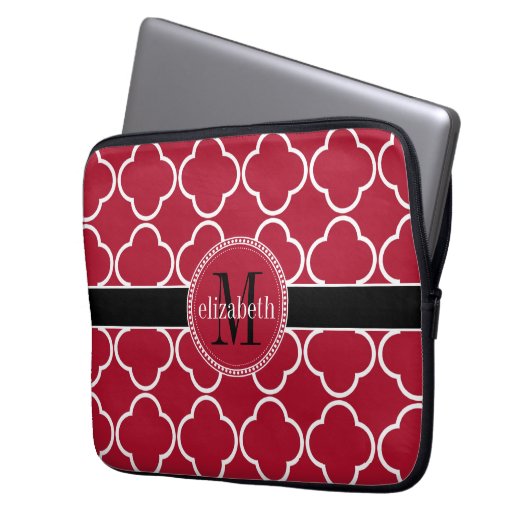 Rot | Schwarz | Monogram, White Quatrefoil Closed Laptopschutzhülle (Vorderseite Links)