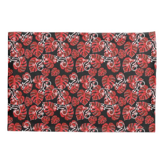 Rot-Schwarz-Muster - Geckos und Blätter Kissenbezug (Rückseite)