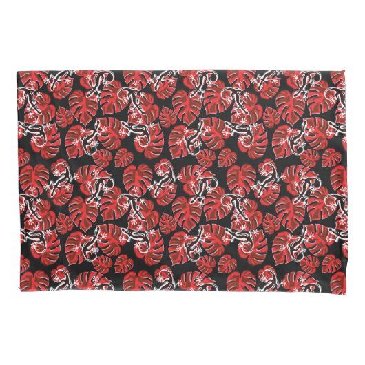 Rot-Schwarz-Muster - Geckos und Blätter Kissenbezug (Vorderseite)