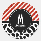 Rot-Schwarz-Muster Monogram Custom Runder Aufkleber (Vorderseite)