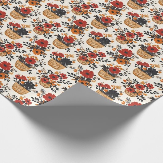 Rot / Schwarz / Orange Blume in Körben Geschenkpapier (Ecke)