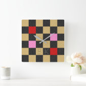 Rot-schwarz-rosa-Glitzer Gelbe Chic Quadratische Wanduhr (Zuhause)