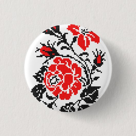 Rot/Schwarz Rose Kreuzstich Russisches Muster Button (Vorderseite)