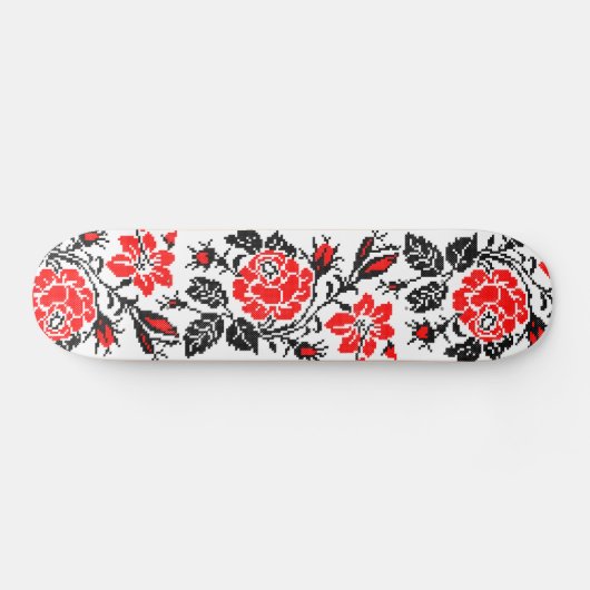 Rot/Schwarz Rose Kreuzstich Russisches Muster Skateboard (Horizontal)