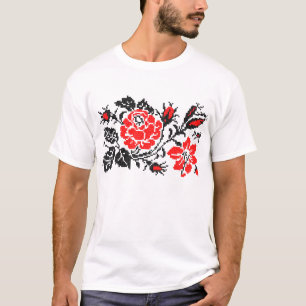 Rot/Schwarz Rose Kreuzstich Russisches Muster T-Shirt