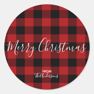 Rot-Schwarz-rustikal Büffel Gingham-Karo Weihnacht Runder Aufkleber