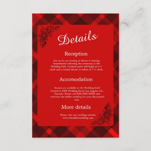 Rot-Schwarz-Schottische Hochzeitsmuster Begleitkarte (Vorderseite)