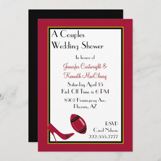 Rot, Schwarz und Gelb Fußball Paare Dusche Einladung (Vorne/Hinten)