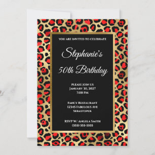 Rot Schwarz und Gold Leopard Glam 50. Geburtstag Einladung