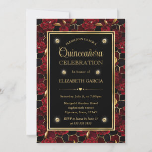 Rot Schwarz und Gold Marmor Blumen Quinceanera Einladung