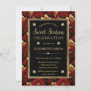 Rot Schwarz und Gold Marmor Blumen Sweet Sixteen Einladung