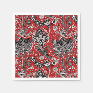 Rot Schwarz und Weiß Floral Paisley Boheme Boho Serviette