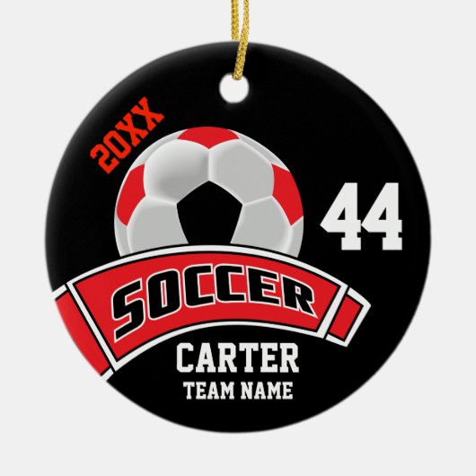 Rot, Schwarz und Weiß personalisieren Fußball ⚽ Keramik Ornament (Vorne)