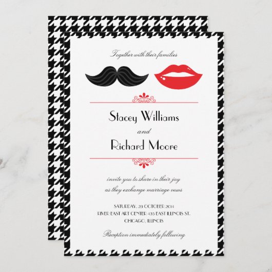 Rot, Schwarz und Weiß - Schnurrbart und Lippen Hah Einladung (Vorne/Hinten)