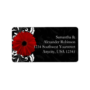 Rot, Schwarz und Weiß Scroll Gerbera Daisy Adressaufkleber