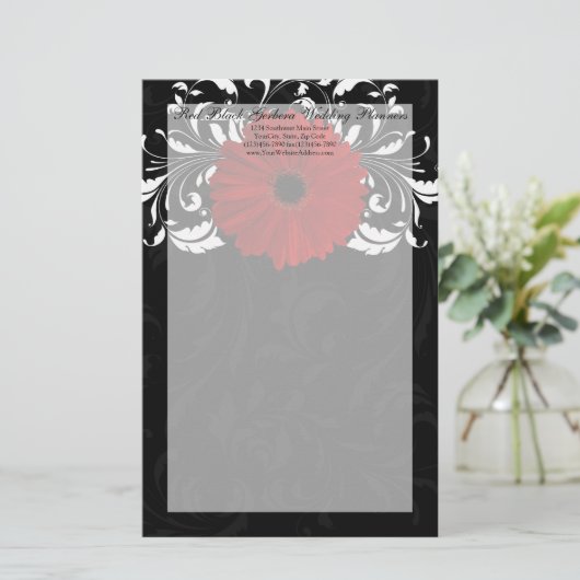 Rot, Schwarz und Weiß Scroll Gerbera Daisy Briefpapier (Stehend Vorderseite)