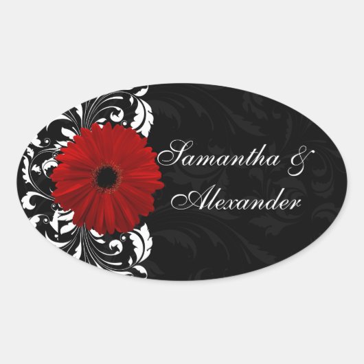 Rot, Schwarz und Weiß Scroll Gerbera Daisy Ovaler Aufkleber (Vorderseite)