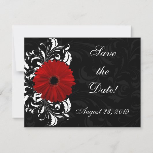 Rot, Schwarz und Weiß Scroll Gerbera Daisy Save The Date (Vorderseite)