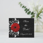 Rot, Schwarz und Weiß Scroll Gerbera Daisy Save The Date (Stehend Vorderseite)