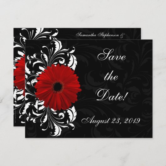 Rot, Schwarz und Weiß Scroll Gerbera Daisy Save The Date (Vorne/Hinten)