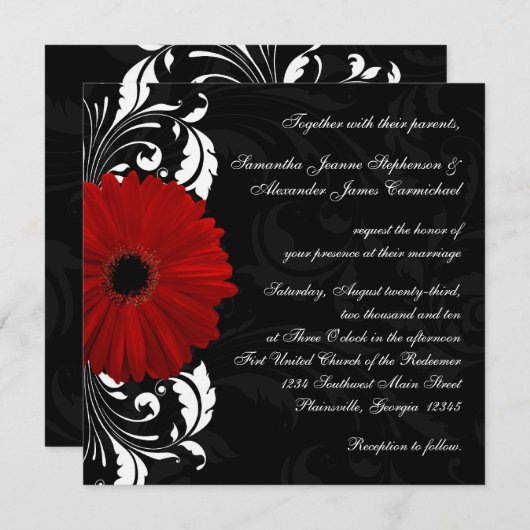 Rot, Schwarz und Weiß Scroll Gerbera Daisy Square Einladung (Vorne/Hinten)