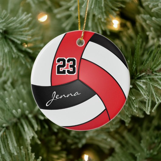 Rot, Schwarz und Weiß 🏐 Volleyball Keramik Ornament (Baum)