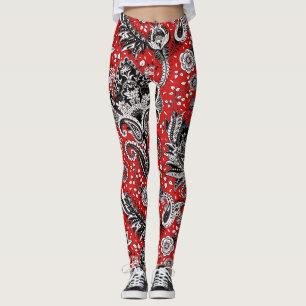 Rot Schwarz & Weiß Blumen Paisley Bohemian Boho Leggings