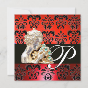 ROT, SCHWARZ, WEISS DAMAST JEWEL MONOGRAMM EINLADUNG