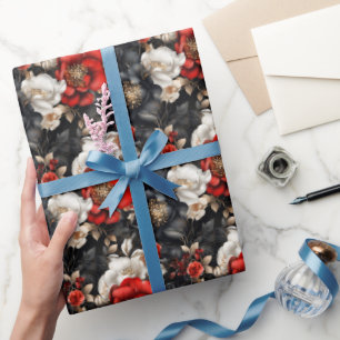 Rot, Schwarz & Weiß floral Geschenkpapier