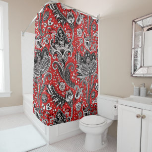 Rot Schwarz & Weiß Floral Paisley Bohemian Boho Duschvorhang