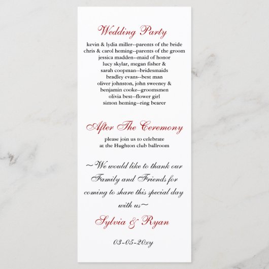 Rot-Schwarz-Weiß-Hochzeitsprogramm Programm (Rückseite)