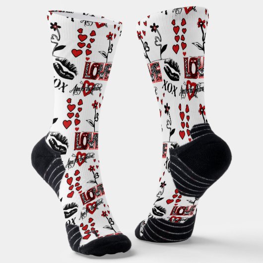 Rot Schwarz Weiß Valentinstag-Motiv Socken (Gewinkelt)