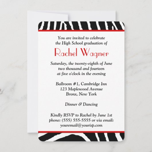 Rot, Schwarz, Weiß Zebra Print Abschluss laden ein Einladung (Rückseite)