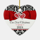 Rot, Schwarz, Weiße Damaske Liebe Herz Hochzeit Keramik Ornament (Hinten)