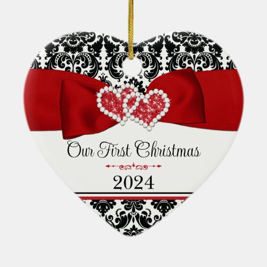 Rot, Schwarz, Weiße Damaske Liebe Herz Hochzeit Keramik Ornament (Hinten)