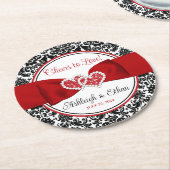 Rot, Schwarz, Weiße Damaske Liebe Herz Hochzeit Runder Pappuntersetzer (Angewinkelt)