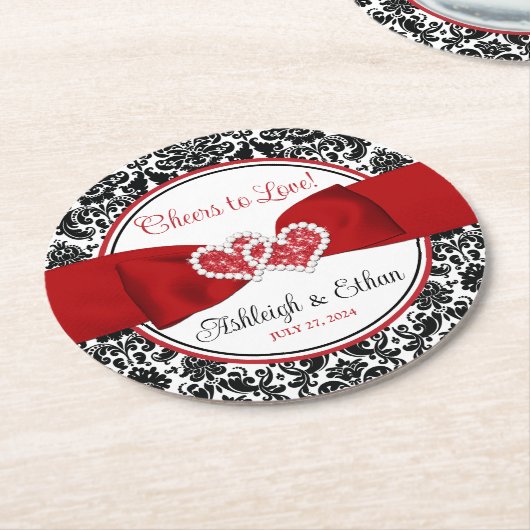 Rot, Schwarz, Weiße Damaske Liebe Herz Hochzeit Runder Pappuntersetzer (Angewinkelt)