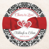 Rot, Schwarz, Weiße Damaske Liebe Herz Hochzeit Runder Pappuntersetzer (Vorderseite)