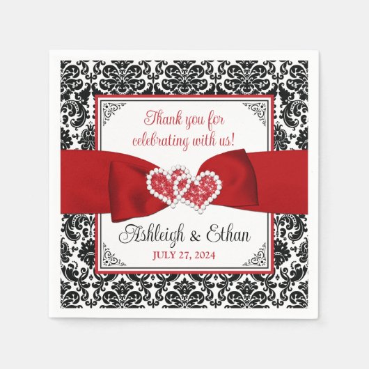 Rot, Schwarz, Weiße Damaske Liebe Herz Hochzeit Serviette (Vorderseite)