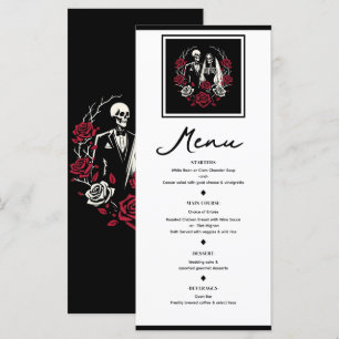 Rot & Schwarz Weiße Rosen Skelett Hochzeitsmenü Menükarte