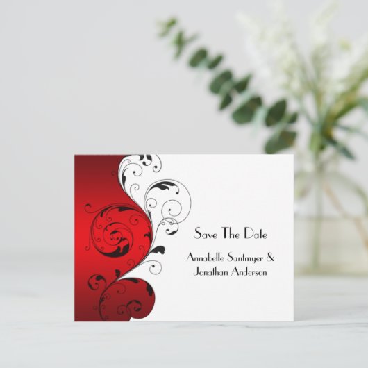Rot-Schwarz-Wirbel Save the Date Ankündigungspostkarte (Stehend Vorderseite)