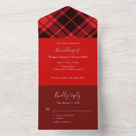 Rot-Schwarz-Zellitiktratan-Hochzeitsmuster All In One Einladung (Innen Boden)