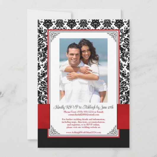 Rot, schwarze Damaske Liebe Herz Hochzeit Einladung (Rückseite)