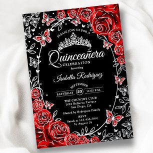 Rot Schwarze Silber Schmetterlinge Rosen Quinceane Folieneinladung