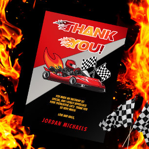 Rot Schwarzes Go-Kart-Renn-Geburtstags-Design Dankeskarte