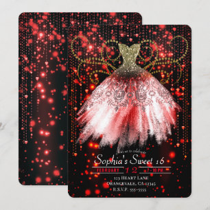 Rot schwarzes gold glitzerndes Kleid süße 16 Party Einladung