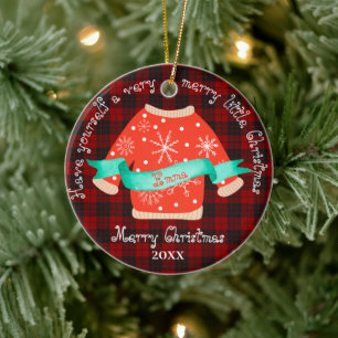 Rot-schwarzes Karo-hässliches Weihnachtspullover- Keramik Ornament